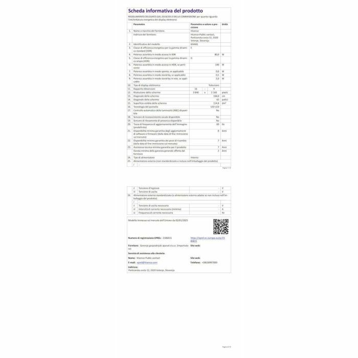 Hisense 65A6Q Televisor 65" 4K Ultra HD Smart TV Wifi Negro 330 cd/m² 14