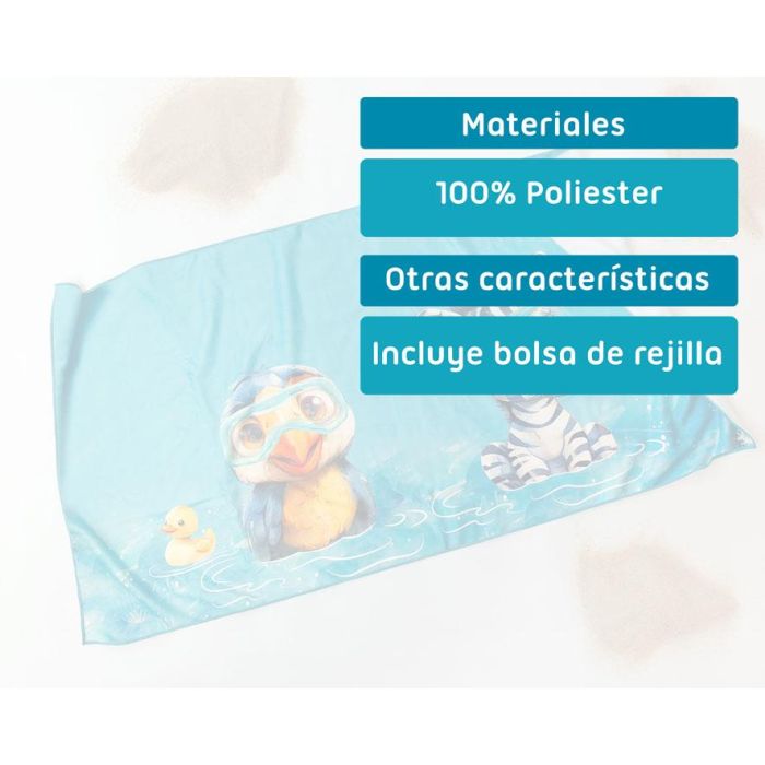 KioKids Toalla de Playa y Piscina Microfibra Azul con Animales Safari Fun 75x150cm. Suave, Absorbente y Secado Rápido, incluye bolsa. 4
