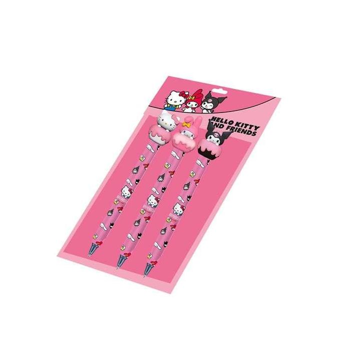 Karactermania Hello Kitty Pack 3 Bolígrafos Gel Borrables Tinta Azul con Figuras 3D Kuromi My Melody Rosa ABS Plástico PP 3.5x9.5x23 cm