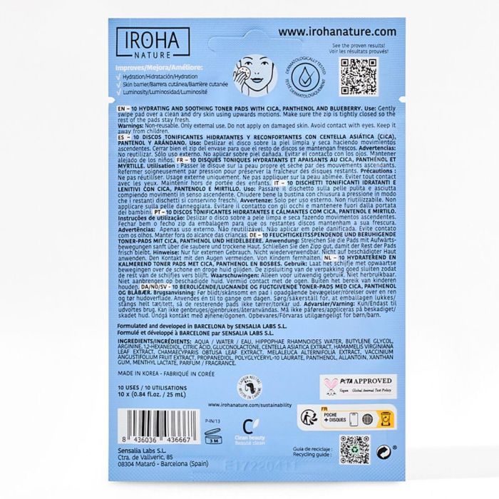 Iroha Nature Tónico Facial Hydrating Toner Pre-Soaked Pads 10 u 1