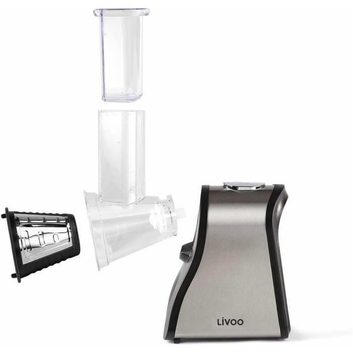 Livoo DOP192 Rallador Eléctrico Multifunción con 4 Conos Intercambiables: Ralla, Rebana, Pica. Acero Inoxidable, Negro y Gris.