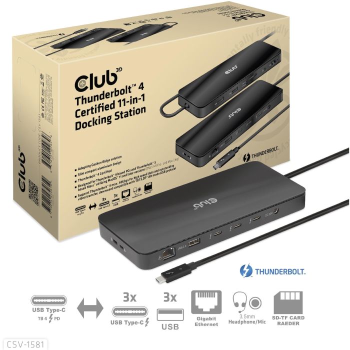 Club3D Docking Station Thunderbolt 4 11-en-1 para 2 Pantallas, USB, Ethernet, Lector SD, 140W Negro 12 Club3D Docking Station Thunderbolt 4 11-en-1 para 2 Pantallas, USB, Ethernet, Lector SD, 140W Negro 12
