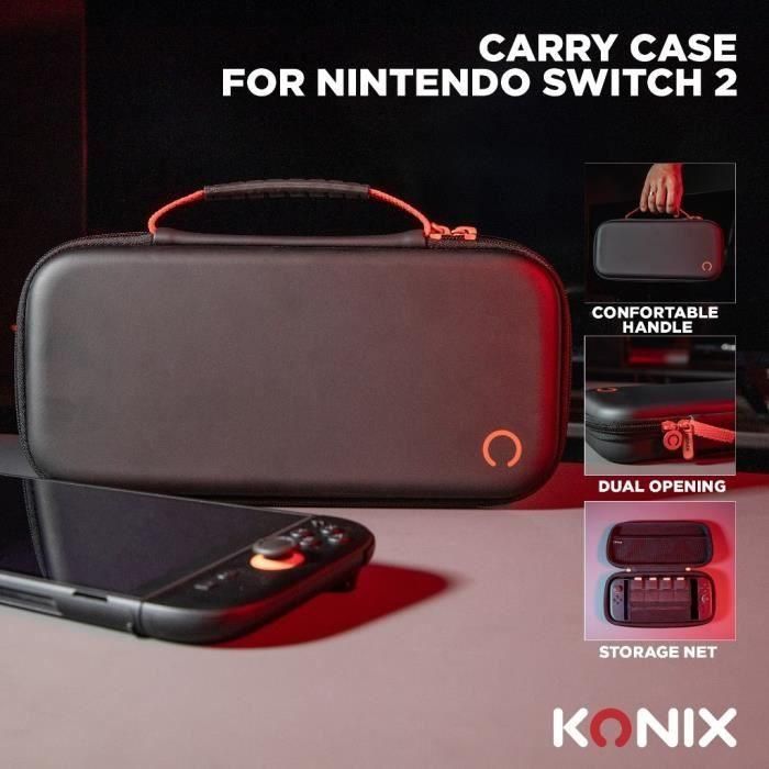 Konix 3328170304351 Estuche protector y de transporte para Consola Nintendo Switch 2, con red para accesorios y 8 compartimentos para juegos, Negro 3