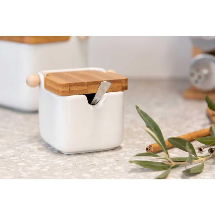 Azucarero de Cerámica Blanco con Tapa de Bambú Vessia 10.8x7.5x8 cm (6 Unidades) 4 Azucarero de Cerámica Blanco con Tapa de Bambú Vessia 10.8x7.5x8 cm (6 Unidades) 4