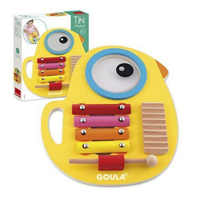 Goula Juego Musical Tiki 3 en 1: Xilófono, Tambor y Güiro de Madera. Instrumento Educativo Pájaro para Niños a partir de 13 Meses