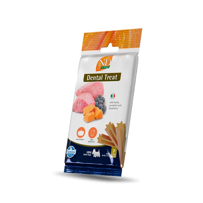 Farmina Treat Nd Pumpkin Dog Cordero Adult Mini - Snack para perros adultos con cordero, calabaza y arándanos, 15x60 gr