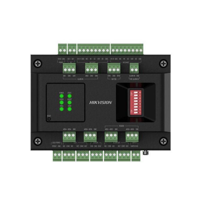 Hikvision Módulo Expansión Control de Accesos para 2 Puertas, Conexión RS-485/Wiegand, Soporte Batería, Guía Rail