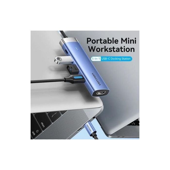 Vention TGESB Docking Station HUB USB-C 5 en 1 | HDMI 4K, 3x USB 3.0 (5Gbps), USB-C PD 100W | Aleación Aluminio Azul 1