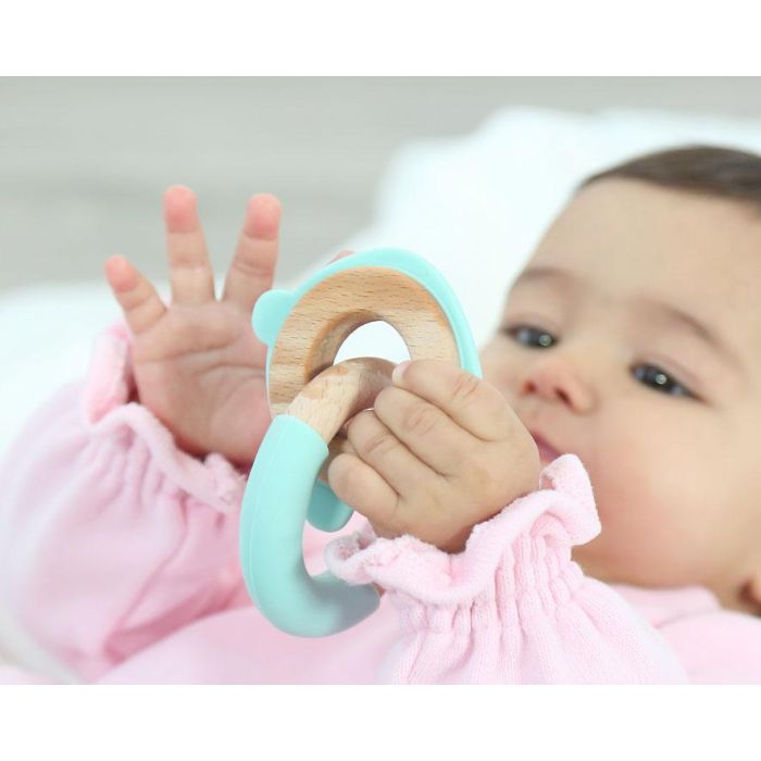 KioKids Mordedor para Bebé Madera de Haya y Silicona de Alta Calidad Oso Verde +3 Meses Masajea Encías Alivia Dentición Colección Ecofriendly 1