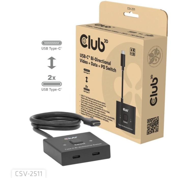 Club 3D USB-C Switch Bidirektional - Video - Data - PD 0 Club 3D USB-C Switch Bidirektional - Video - Data - PD 0