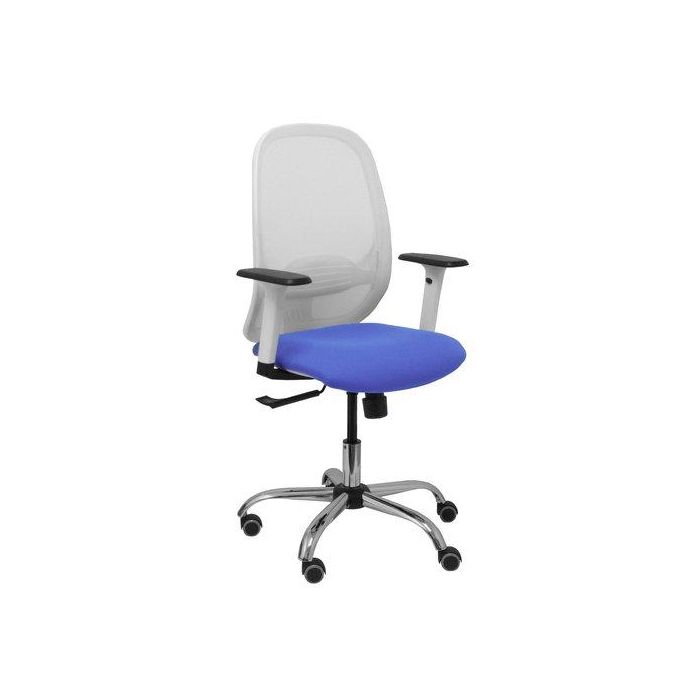 Silla Piqueras Y Crespo Cilanco Blanca Uso Intensivo Brazos Regulables Mecanismo Sincro Con Regulador De Tension Refuerzo Lumbar Regulable Base Cromada Ruedas Parquet Respaldo De Malla Blanca Y Asiento Tapizado Bali Azul Claro