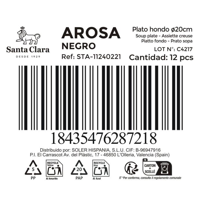 Inde Plato Hondo Negro Ø20 cm "Arosa" S. Clara, Diámetro 20 cm (12 Unidades)