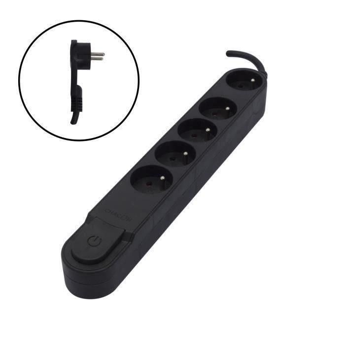 Chacon Regleta 5 tomas de corriente 16A con interruptor, enchufe plano, cable 1.5m HO5VV-F 3x1.5 mm², negra Chacon Regleta 5 tomas de corriente 16A con interruptor, enchufe plano, cable 1.5m HO5VV-F 3x1.5 mm², negra