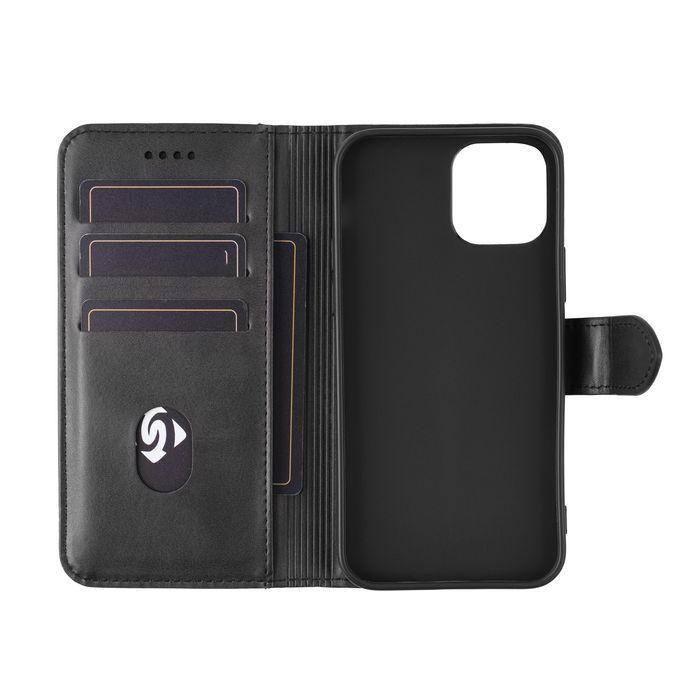 eSTUFF Funda de Piel PU tipo Billetera WALES para iPhone 14 Pro - Negra con Soporte y Ranuras para Tarjetas 1