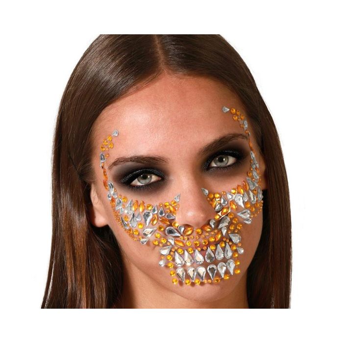 Joyas Faciales Adhesivas Calavera Dorada y Plateada para Día de Muertos y Halloween