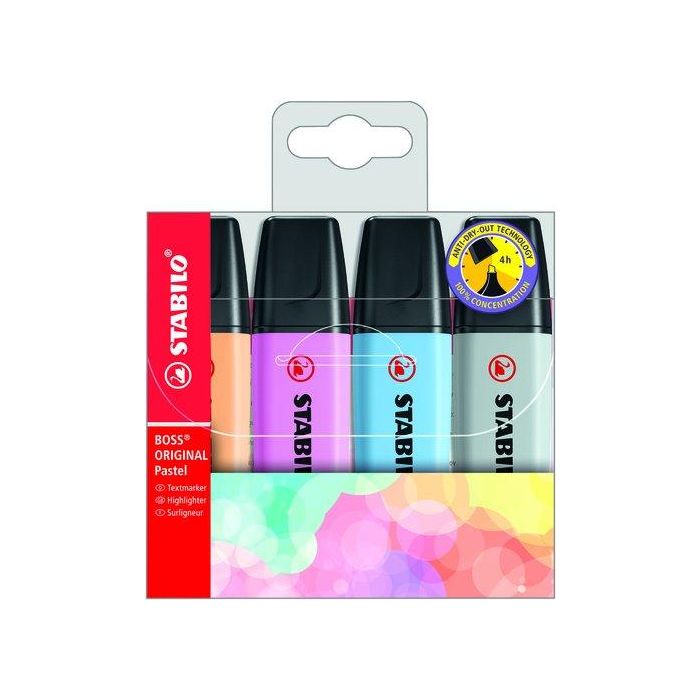 Stabilo Marcador Fluorescente Boss Original - Colores Pastel, Blíster 4 Ud, Tecnología Antisecado