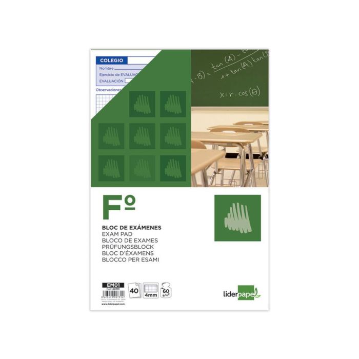 Bloc Examenes Liderpapel Cuadro 4 mm Folio 40 Hojas 60 gr-M2 10 unidades 1