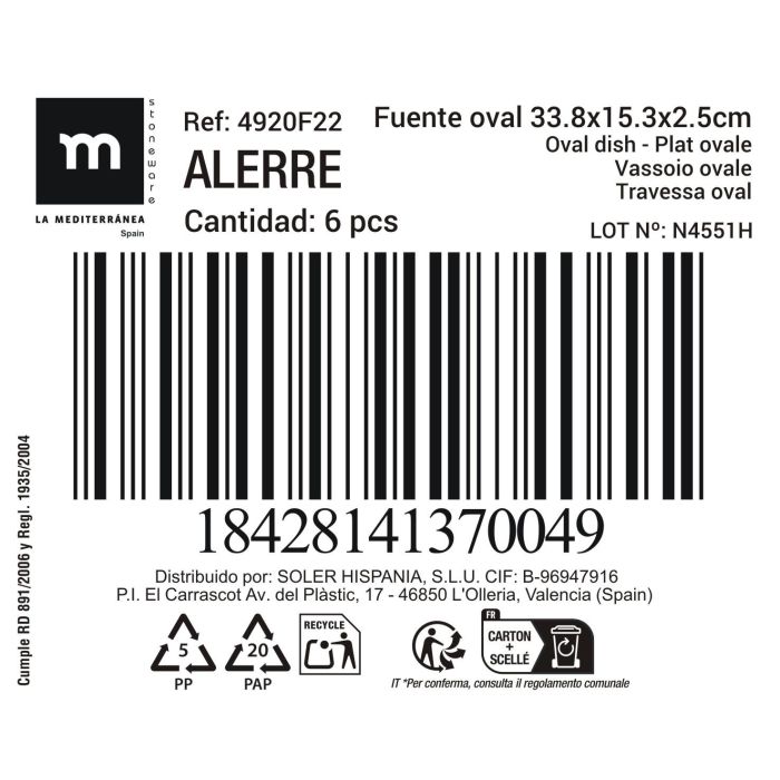 La Mediterranea Fuente Oval Alerre, Plato Grande de Servir, Dimensiones 33.8 x 15.3 x 2.5 cm, 697 g, Material Md (12 Unidades)