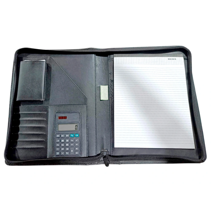 Q-connect Carpeta Portafolios Cremallera sin Anillas con Calculadora y Bolsa para Móvil, Negro, Plástico, 260x355 mm 2