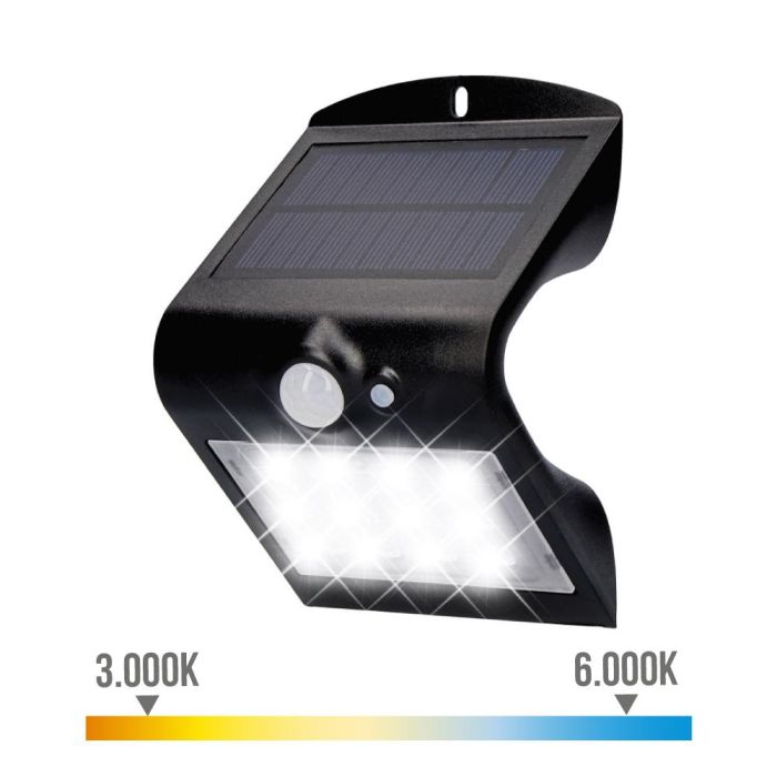 Aplique solar 1,5w 220lm recargable. sensor de presencia (2-6m) color negro 9,6x7,3x14cm edm 1