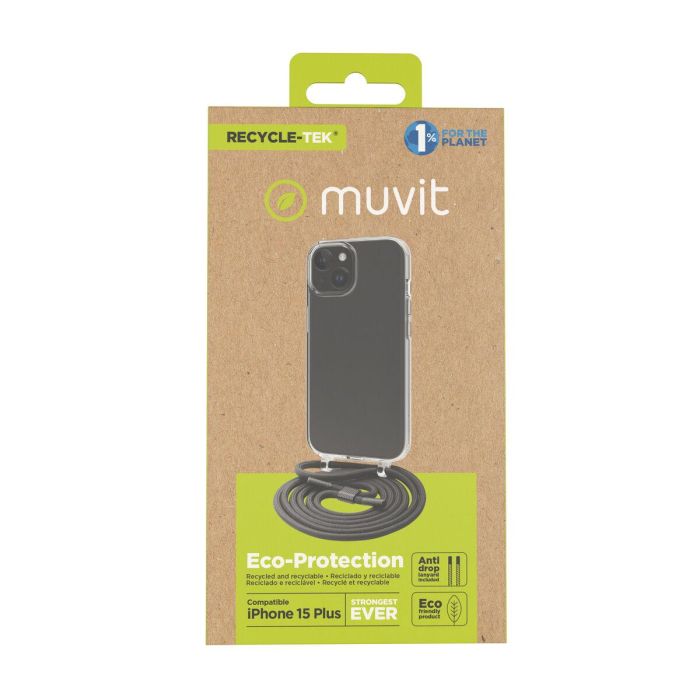 Muvit Funda Recycletek para Apple iPhone 15, Transparente Ecoamigable con Cordón Resistente, Fabricada con Material Reciclado, Certificación GRS 10