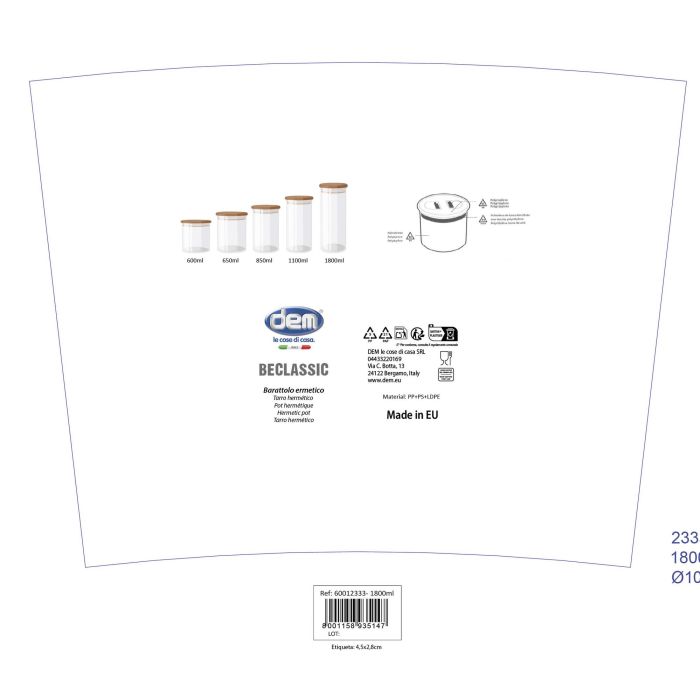 Inde Tarro Hermético 1,80L 10,8x29,1 cm (12 Unidades)