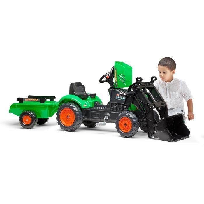 Falk Retroexcavadora con pedal Supercharger verde, con remolque extraíble, capota de apertura, volante con bocina, para niños 2-5 años 2
