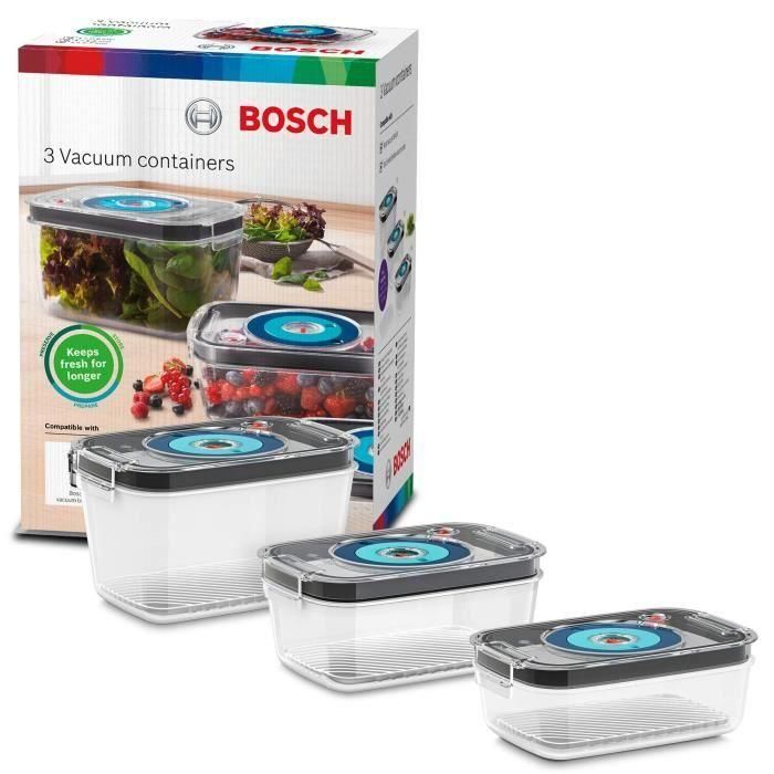 BOSCH - 3 cajas de almacenamiento al vacío herméticas: 0,7L, 1,0L y 1,5L - Bandeja de goteo - Indicador de día y mes - Tritan 3 BOSCH - 3 cajas de almacenamiento al vacío herméticas: 0,7L, 1,0L y 1,5L - Bandeja de goteo - Indicador de día y mes - Tritan 3