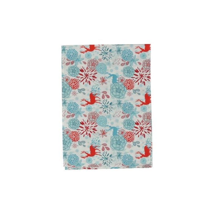 DKD Home Decor Camino de Mesa Navidad Moderno Reno y Flores Azul Celeste Rojo 150x50 cm Set 4 Unidades Algodón Poliéster