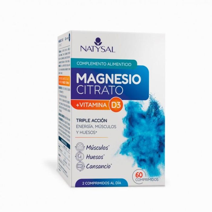 NATYSAL Magnesio Citrato + Vitamina D3 en Comprimidos - Suplemento para Huesos y Músculos - 60 Comp.