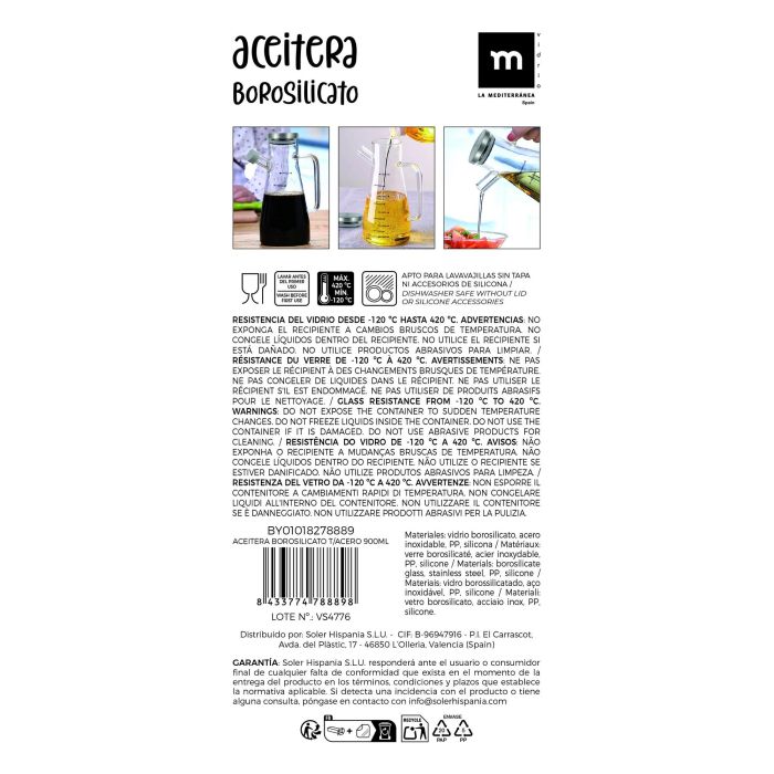 La Mediterran Aceitera de Borosilicato con Tapa de Acero Inoxidable 900ml - 16x10.8x22.2 cm 10