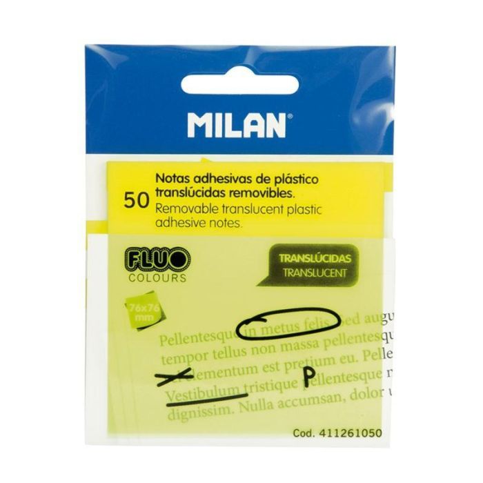 Milan Bloc Notas Adhesivas Removibles 50H 76x76 Plástico Translúcidas Amarillo Fluorescente