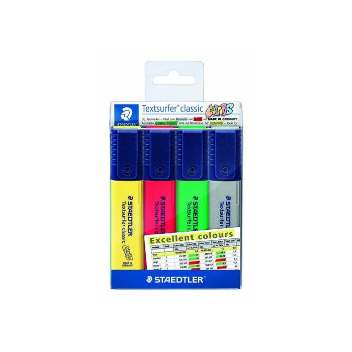 Marcador Fluor Staedtler 364 Textsurfer Classic Estuche De 4 (Amarillo, Rojo, Verde, Gris)