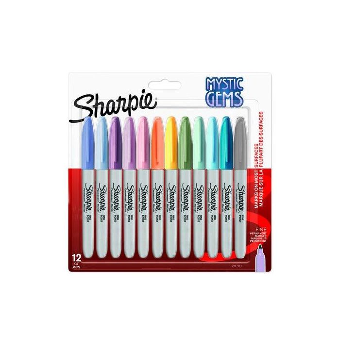 Sharpie Marcador Permanente Mystic Gems, Punta Fina, Tinta Resistente al Agua, Tonos Pastel y Oscuros, Blíster 12 Ud