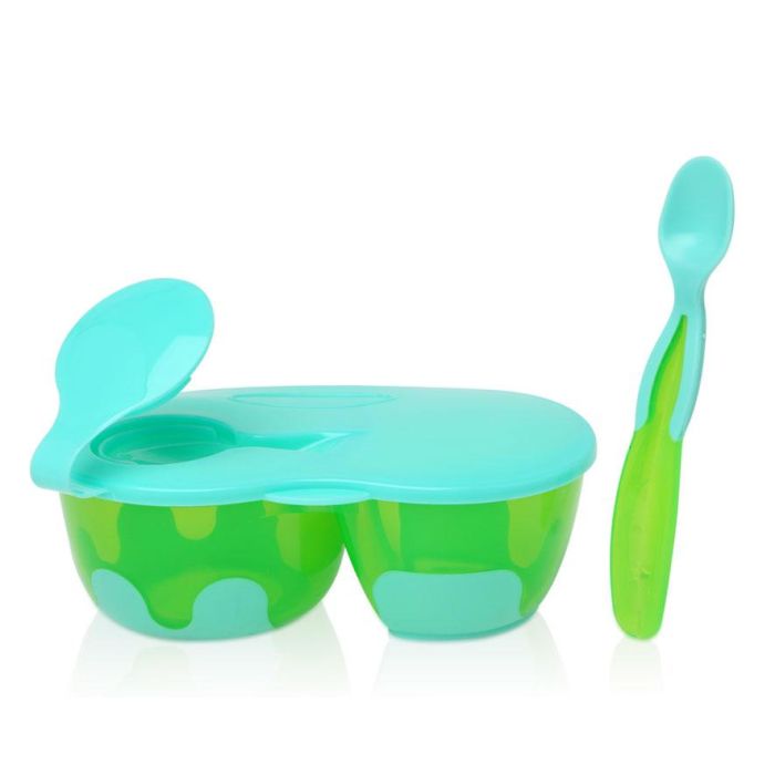 Cuenco Doble Antideslizante Con Tapa Y Cuchara En Azul Y Verde 1 Cuenco Doble Antideslizante Con Tapa Y Cuchara En Azul Y Verde 1