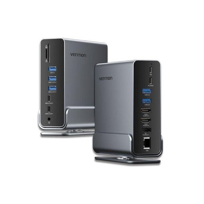 Vention TPUH0 Estación de Acoplamiento USB-C 15 en 1 con 2xHDMI 4K, DisplayPort, Gigabit Ethernet RJ45, Lector SD/TF y 100W PD Gris