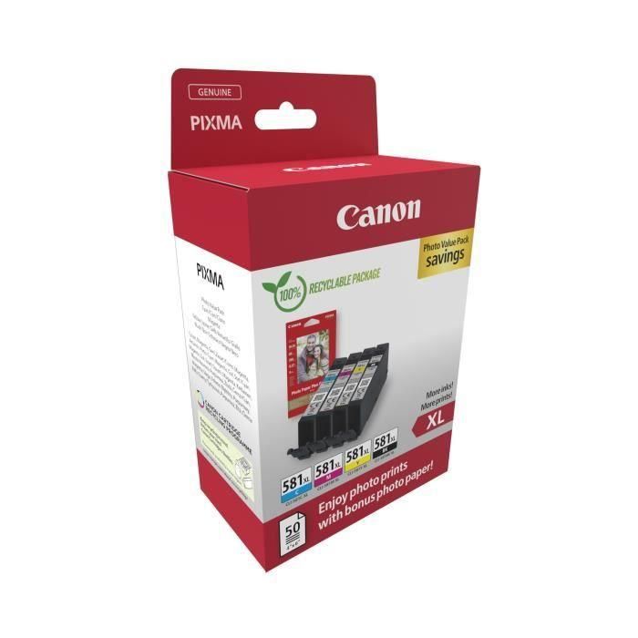 Canon Tinta Ecopack Bk+C-M-Y + 50H Papel Fotográfico para Pixma TS 615X-815X-915X, TR 755X-855X, CLI 581XL - Pack 4 Colores 1