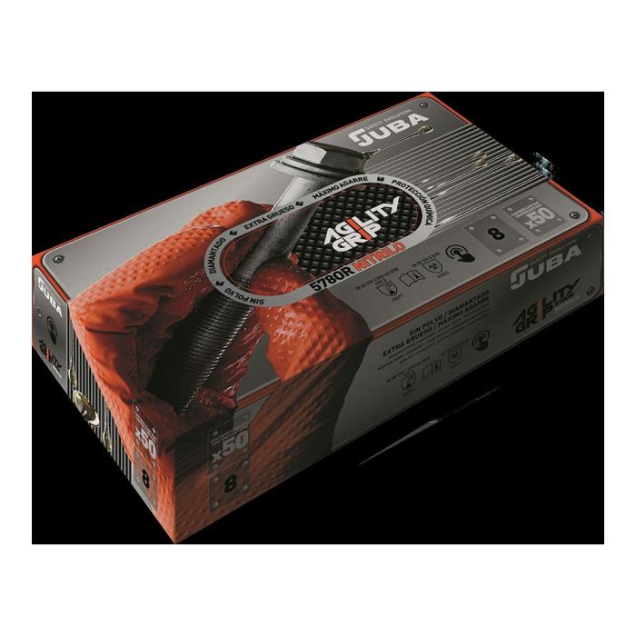 Juba Guante desechable Agility Grip Nitrilo sin polvo Naranja Talla 11, Ambidextro, Máximo Agarre, Protección Química, Caja 50 uds 1 Juba Guante desechable Agility Grip Nitrilo sin polvo Naranja Talla 11, Ambidextro, Máximo Agarre, Protección Química, Caja 50 uds 1