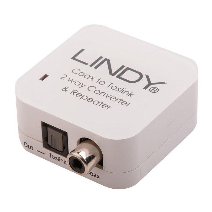 Lindy Convertidor Bidireccional Óptico TosLink a Coaxial y Coaxial a Óptico con Repetidor Audio Hi-Res 24-bit/192kHz Dolby Digital DTS 5.1 1