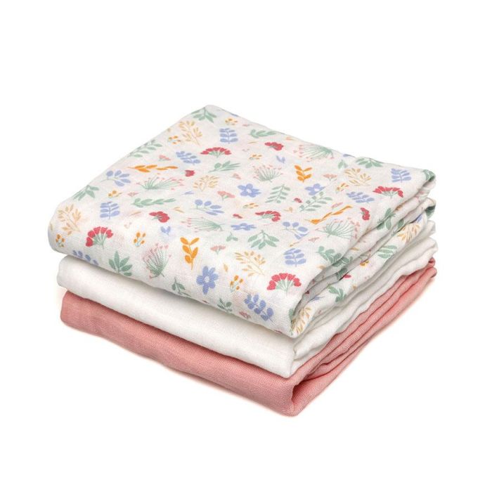 KioKids - Set de 3 Muselinas 70x70 cm en Rosa, Blanco y Flores, Bambú y Algodón, Certificado Oeko-Tex Standard 100