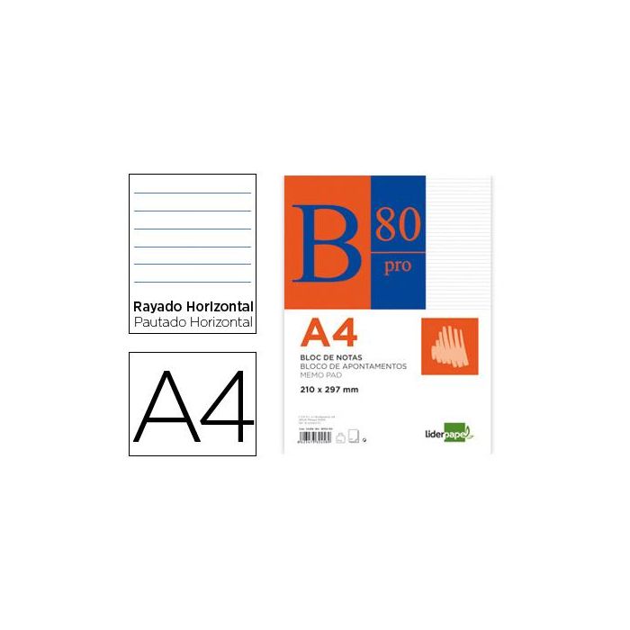 Bloc Notas Liderpapel Horizontal A4 80 Hojas 60 gr-M2 Encolado 4 Taladros Doble Margen Azul