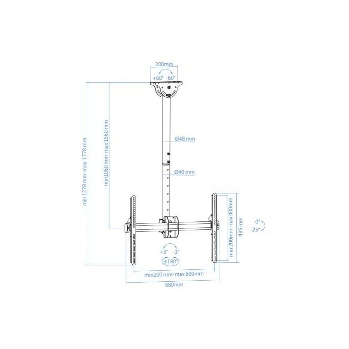 Tooq Soporte de Techo para TV LPCE1170TSLI para Pantallas de 37 a 70 Pulgadas, Carga 50 kg, VESA 600x400, Inclinación y Rotación Ajustables