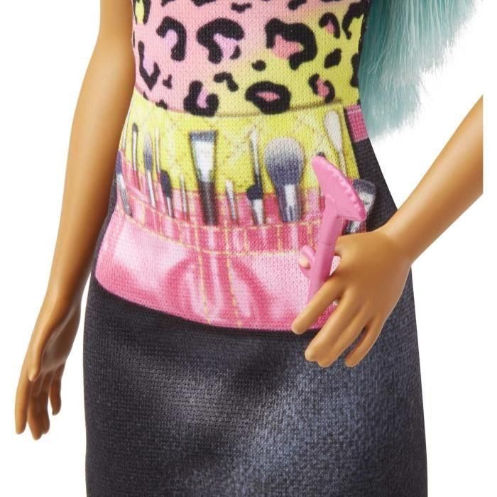 Barbie Hkt66 Muñeca Tú Puedes Ser Maquilladora con Delantal Estampado, Accesorios de Maquillaje, Pelo Azul y Zapatos Rosa, Edad +3 Años 3