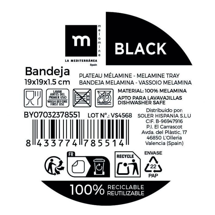 Bandeja Melamina Black 19x19x1.5 cm La Mediterrane - Inde (24 Unidades) 1 Bandeja Melamina Black 19x19x1.5 cm La Mediterrane - Inde (24 Unidades) 1