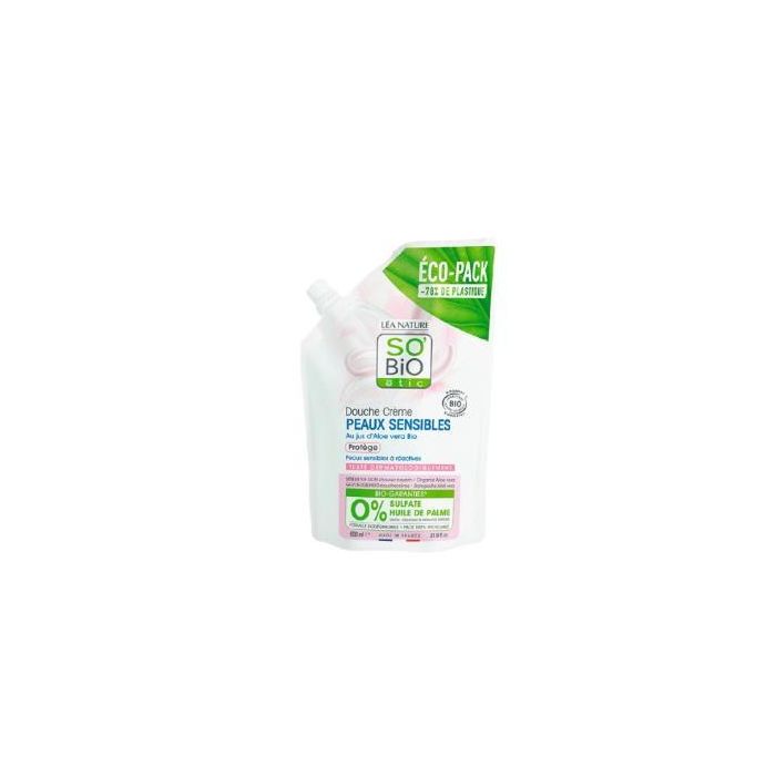 SO´BIO ETIC Recarga Gel Ducha Piel Sensible Protector Aloe Vera 650 ml. Calma y protege, fórmula sin sulfatos.