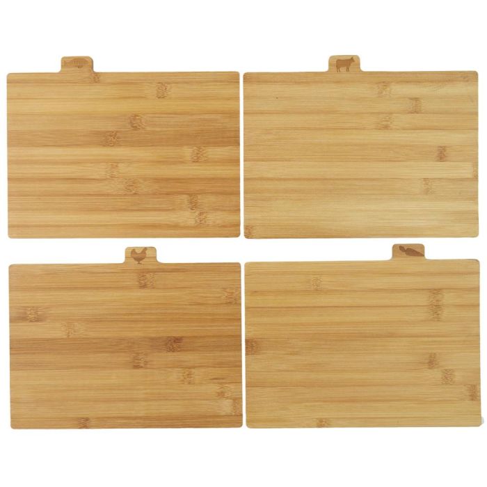 Cook Concept Juego de 4 Tablas de Cortar de Bambú con Pictogramas de Carne, Pescado, Ave y Verdura y Soporte Metálico