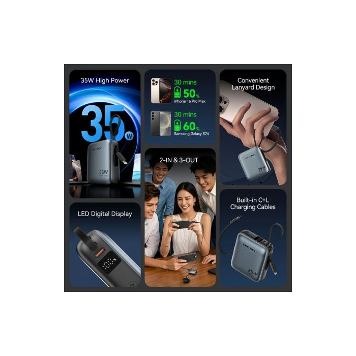 Powerbank 10000mAh Vention FHFN0/ 35W/ Gris/ Incluye Cable USB TIpo-C y Lightning 1 Powerbank 10000mAh Vention FHFN0/ 35W/ Gris/ Incluye Cable USB TIpo-C y Lightning 1