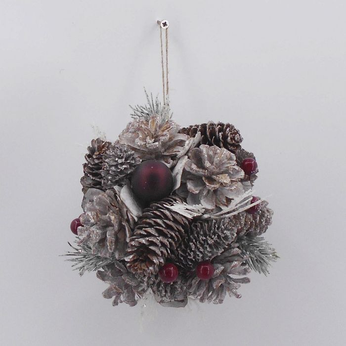 DKD Home Decor Set de 6 Bolas de Navidad para Decoración Temática Alpina con Piñas Naturales Blanco Rojo 14x14x14 cm