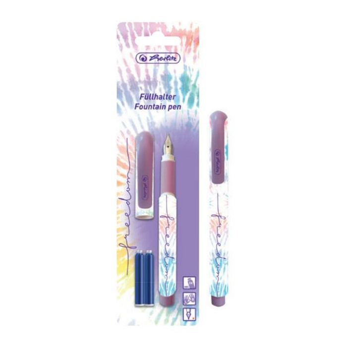Herlitz Pluma Estilográfica New Batik Freedom Púrpura/Blanco, Cartucho de Tinta Azul, para Zurdos y Diestros, 1 unidad