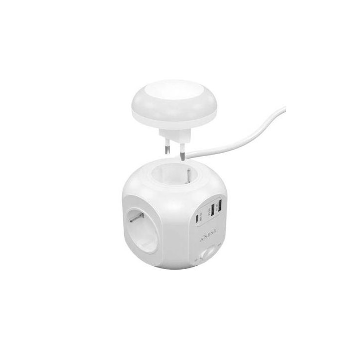 Aisens Regleta de Enchufes Sobremesa con 4 Tomas, USB-C 20W PD3.0, 2 USB-A 18W QC3.0, Luz Nocturna, 1.8m, Blanco 1
